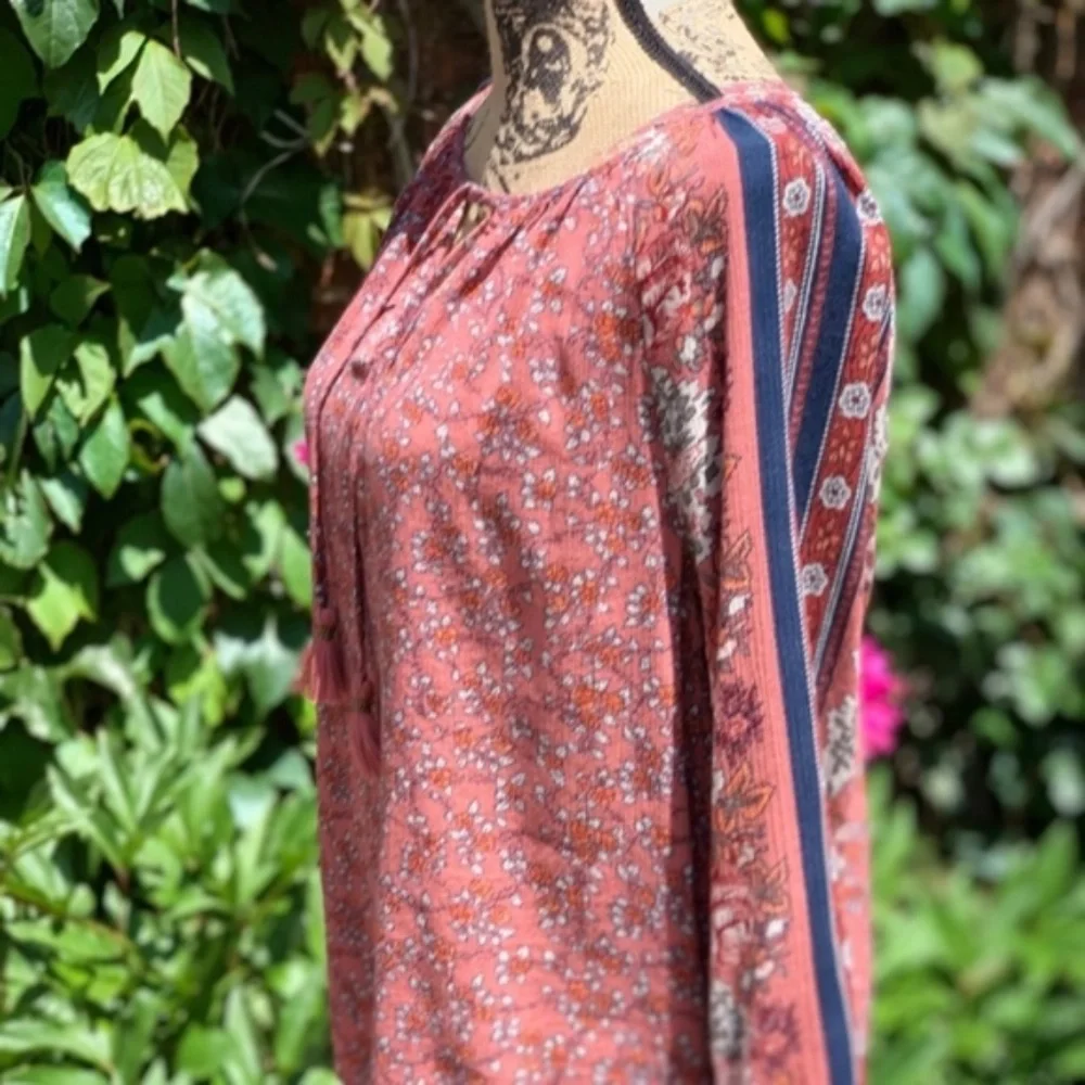 LUCKY BRAND Rust Boho Long Sleeve Contrast Stripe Floral Tassel-Tie Blouse, S - Picture 8 of 11